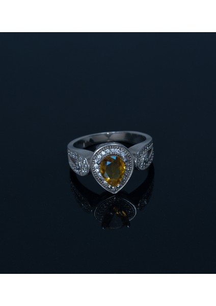 Su Damlası Desenli Sarı Zirkon Taşlı 925 Ayar Gümüş Kadın Yüzük Parmağa Göre Ayarlanır 4.47 gr