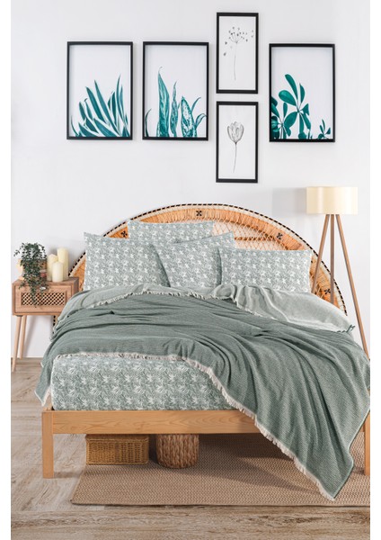 | %100 Pamuklu Oslo Çift Kişilik Yeşil Pike Takımı(Lastikli Çarşaf,pike,yastık Kılıfı)