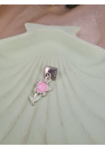 Pembe Taşlı Çiçek Figürlü Charm – Kadın Bileklik Uyumlu Sallantılı Charm Aparat