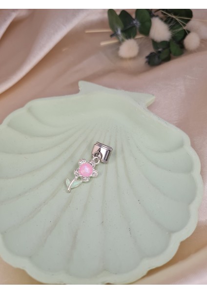 Pembe Taşlı Çiçek Figürlü Charm – Kadın Bileklik Uyumlu Sallantılı Charm Aparat indirimleri