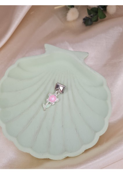 Pembe Taşlı Çiçek Figürlü Charm – Kadın Bileklik Uyumlu Sallantılı Charm Aparat