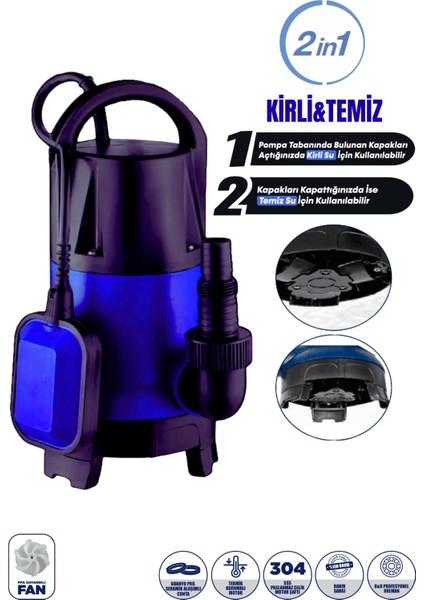 Alman Tasarımı 0.5Hp - 400W Çok Işlevli Bahçe Havuz Gölet Kirli Temiz Su Dalgıç Pompası 5 Metre Emiş 8000 Debi