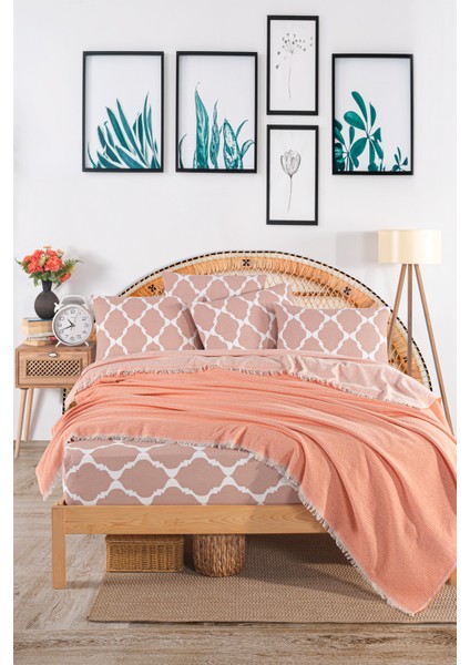 | %100 Pamuklu Oslo Çift Kişilik Pudra Pike Takımı(Lastikli Çarşaf,pike,yastık Kılıfı)