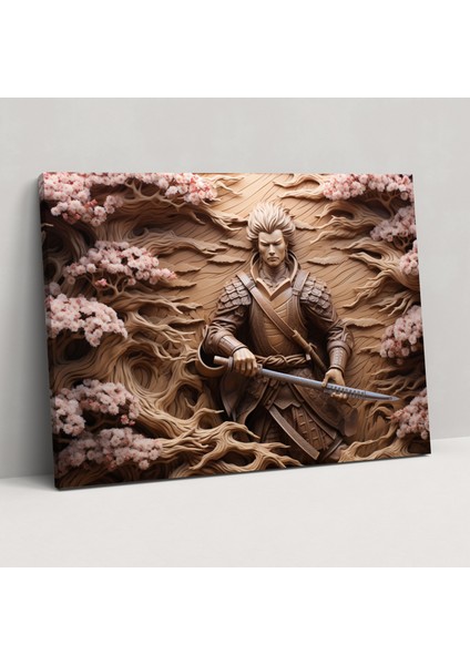 Eski Silahlar Kanvas Tablo - Samurai Savaşçısı ve Katana - Duvar Dekorasyonu Kiraz Çiçeği Ağaçları Duvar Sanatı
