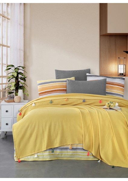 | %100 Pamuklu Valeria Tassel Çift Kişilik Püsküllü Hardal Pike Takımı(Çarşaf,pike,yastık Kılıfı)