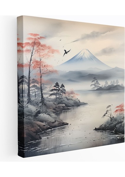 Geleneksel Japon Mürekkep Tablosu - Dağ Fuji Manzaralı Kanvas Tablo Sanatı