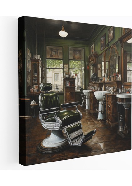 Klasik Berber Dükkanı Yağlı Boya Kanvas Tablo - Berber Gerçekçi Duvar Dekorasyonu