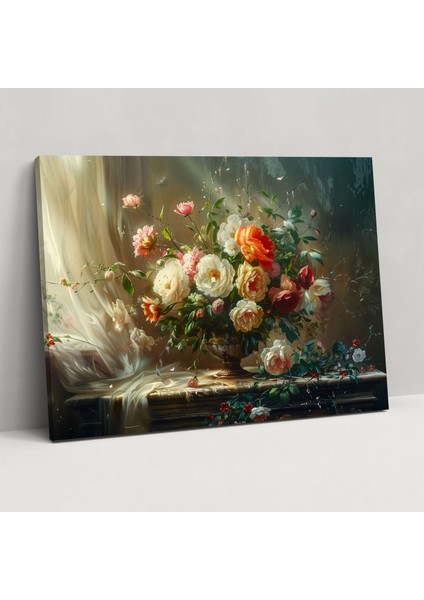 Çiçek Desenli Büyük Duvar Sanatı - Barok Duvar Dekorasyonu Kanvas Tablo Sanatı