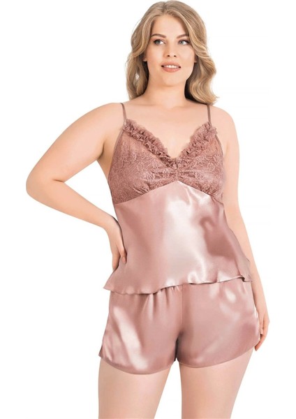 Arias Closet Büyük Beden Vizon Saten Babydoll Şort Takımı
