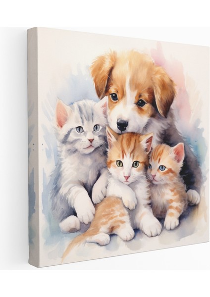Sıcacık Sarılma Köpek ve Kedi Kanvas Tablo