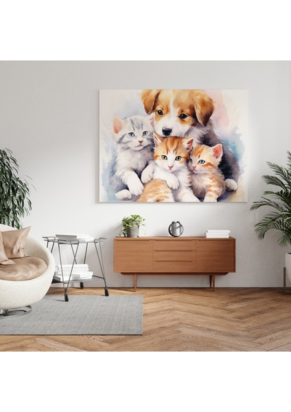 Sıcacık Sarılma Köpek ve Kedi Kanvas Tablo fiyatları