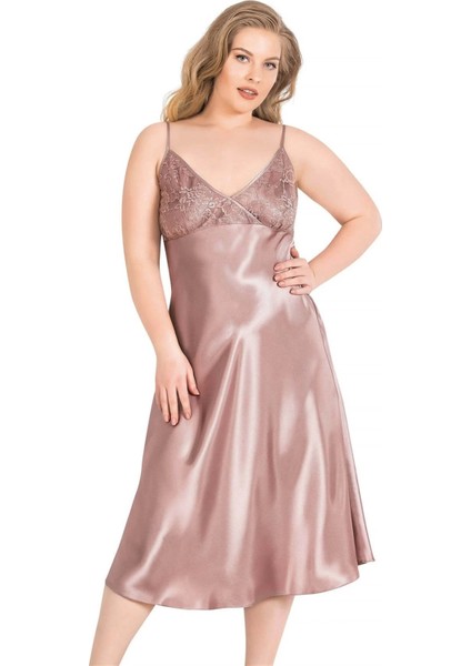 Arias Closet Büyük Beden Vizon Uzun Saten Gecelik