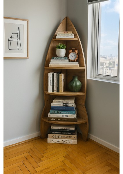 Roket Tasarım Ahşap Desenli Geniş Raflı Köşe Kitaplık 4 Raflı Dekoratif Kitaplık