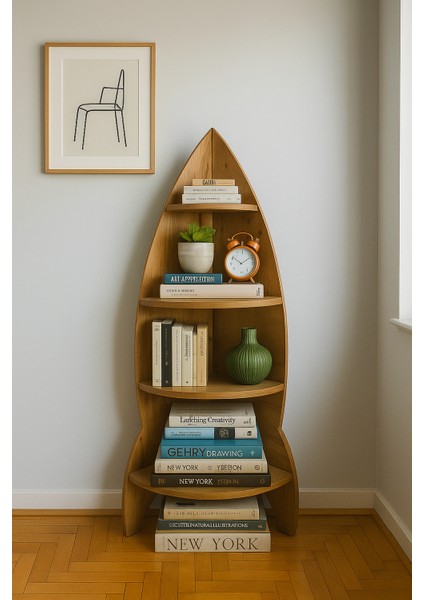 Roket Tasarım Ahşap Desenli Geniş Raflı Köşe Kitaplık 4 Raflı Dekoratif Kitaplık fiyatları