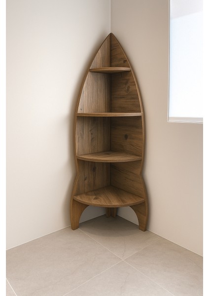 Roket Tasarım Ahşap Desenli Geniş Raflı Köşe Kitaplık 4 Raflı Dekoratif Kitaplık modelleri