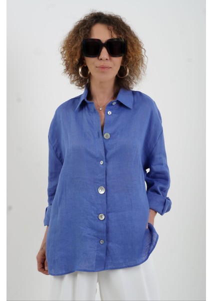 Mavi Düğme Detay Naturel Keten Gömlek