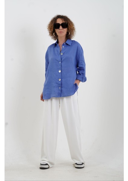 Mavi Düğme Detay Naturel Keten Gömlek fiyatları