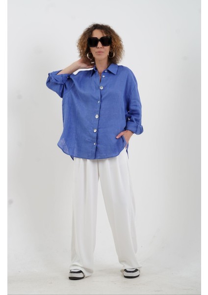 Mavi Düğme Detay Naturel Keten Gömlek modelleri