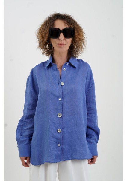 Mavi Düğme Detay Naturel Keten Gömlek fırsatları