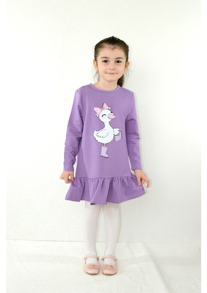 Kız Çocuk Elbise Ördek Baskılı Uzun Kollu