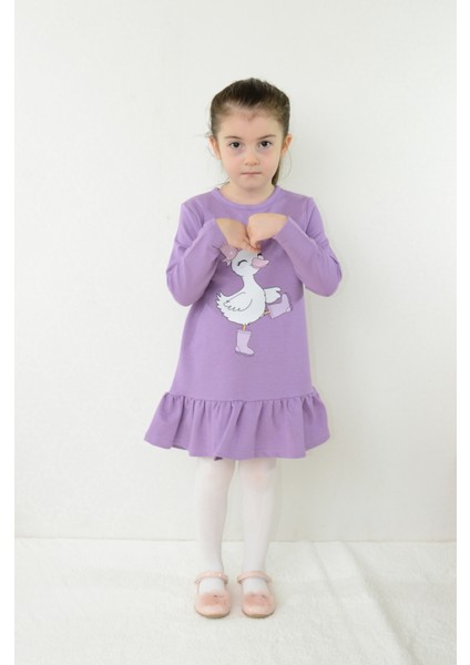 Kız Çocuk Elbise Ördek Baskılı Uzun Kollu