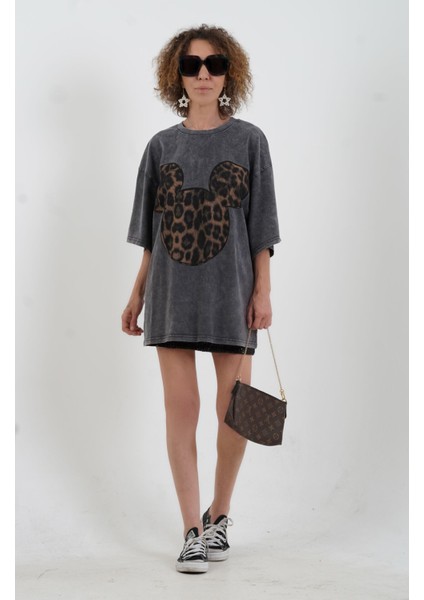 Antrasit Leopar Baskılı Soluk Efektli Oversize Tshirt fiyatları