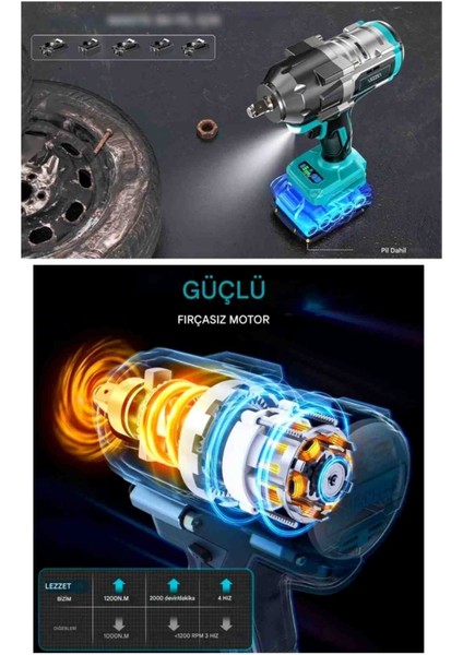 Akülü Darbeli Anahtar 1200NM, Darbeli Sürücü, Darbeli Anahtar, 4 Hız ve LED Işık, Lastikler, Otomotiv Montajı Için, Pil Veya Şarj Cihazı Olmadan - 1200N Somun Sıkma Sökme fiyatları