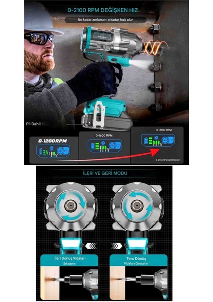 Akülü Darbeli Anahtar 1200NM, Darbeli Sürücü, Darbeli Anahtar, 4 Hız ve LED Işık, Lastikler, Otomotiv Montajı Için, Pil Veya Şarj Cihazı Olmadan - 1200N Somun Sıkma Sökme fırsatları