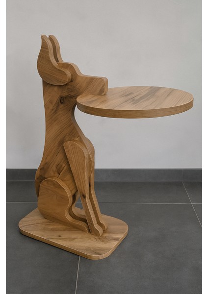 Tepsi Tutan Köpek Tasarımlı Ahşap Desenli Yan Sehpa & Fiskos & Zigon