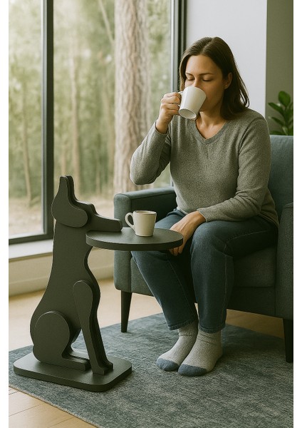 Tepsi Tutan Köpek Tasarımlı Ahşap Desenli Yan Sehpa & Fiskos & Zigon