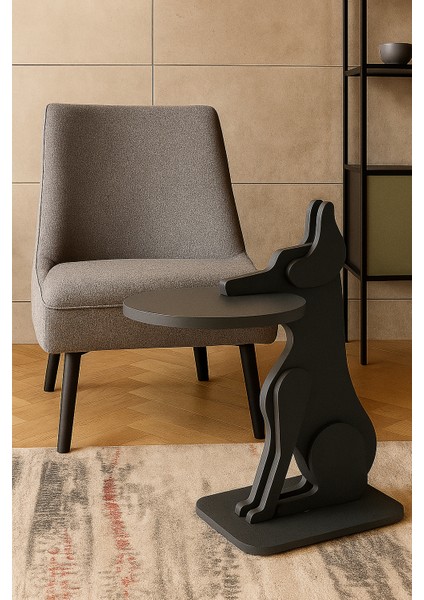 Tepsi Tutan Köpek Tasarımlı Ahşap Desenli Yan Sehpa & Fiskos & Zigon