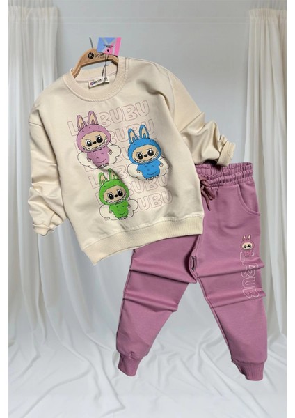 Labubu Desenli Kız Çocuk Pembe Renk Eşofman Takım 2 Li Set