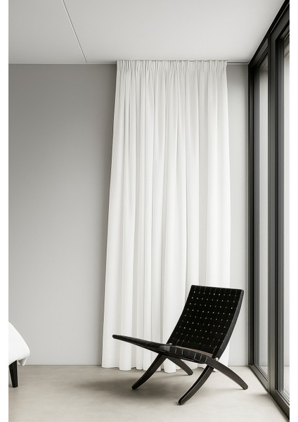 Hasır Keten Fon Perde- Beyaz - Pilesiz Düz Dikim - B2000