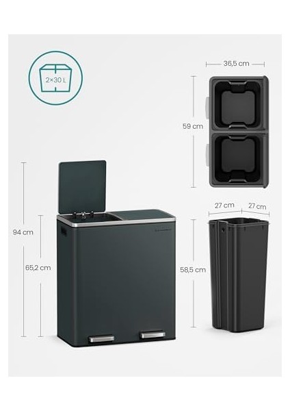 2 x 30 L 2 Bölmeli Atık Ayırma Sistemi Pedallı Çöp Kovası Mutfak Çöp Kovası 15 Çöp Torbası Metal Iç Plastik Çöp Kovası Menteşeli Kapak Softclose Hava Geçirmez Duman Gri LTB60GS fiyatları