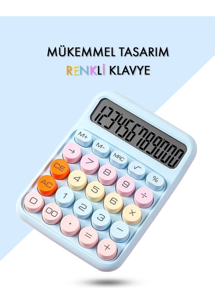 Renkli Hesap Makinesi - 12 Haneli Yuvarlak Tuşlu Mavi Renk Hesap Makinesi - 4 Fonksiyonlu