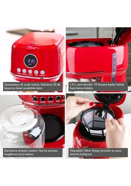 Gem Retro Filtre Kahve Makinesi - 900 W, 1,5 L Cam Demlik | Mint Yeşil modelleri