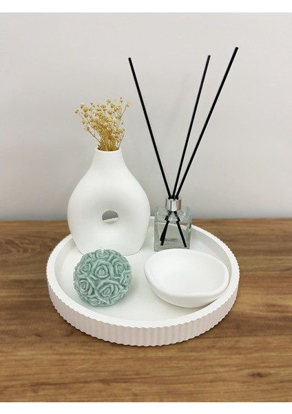 Modern Beyaz Dekoratif Tepsi Seti | 5 Parça Obje, Mum, Vazo ve Koku Şişesi