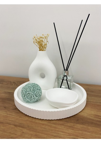 Modern Beyaz Dekoratif Tepsi Seti | 5 Parça Obje, Mum, Vazo ve Koku Şişesi fiyatları