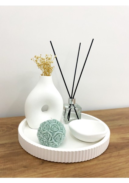 Modern Beyaz Dekoratif Tepsi Seti | 5 Parça Obje, Mum, Vazo ve Koku Şişesi modelleri