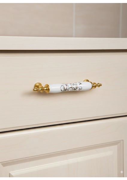 Porselen Kulp Sarmaşık Desenli 128MM(12.8CM) Ayakları Altın Sarısı Mobilya Çekmece Kapak Kulbu