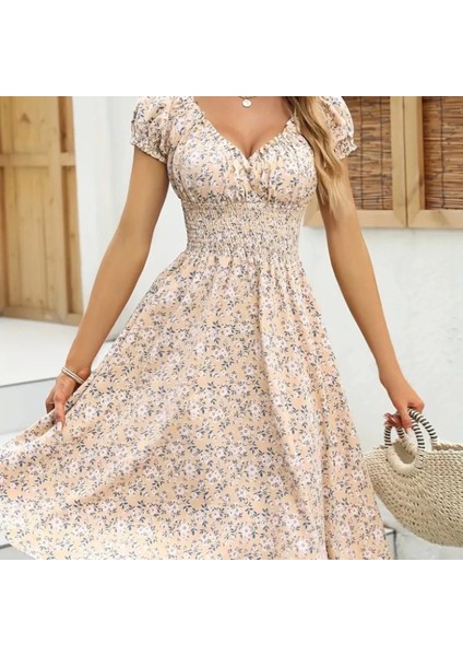Kadın Kısa Kollu Kruvaze Yaka Lastikli Belden Gipeli Çiçek Desenli Suprem Elbise