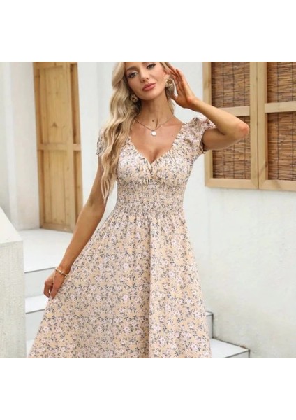 Kadın Kısa Kollu Kruvaze Yaka Lastikli Belden Gipeli Çiçek Desenli Suprem Elbise modelleri