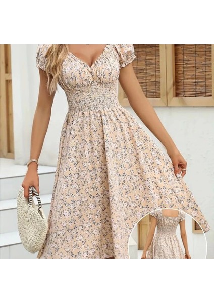 Kadın Kısa Kollu Kruvaze Yaka Lastikli Belden Gipeli Çiçek Desenli Suprem Elbise fırsatları