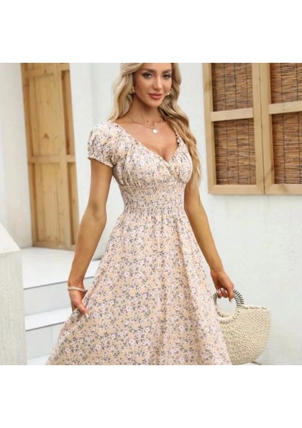 Kadın Kısa Kollu Kruvaze Yaka Lastikli Belden Gipeli Çiçek Desenli Suprem Elbise indirimleri