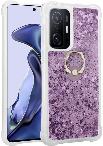 Xiaomi Mi 11T 5g Kılıf Renkli Simli Yüzüklü Standlı Esnek Sert Silikon Milce Kapak