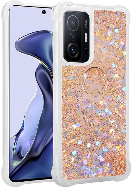 Xiaomi Mi 11T 5g Kılıf Renkli Simli Yüzüklü Standlı Esnek Sert Silikon Milce Kapak