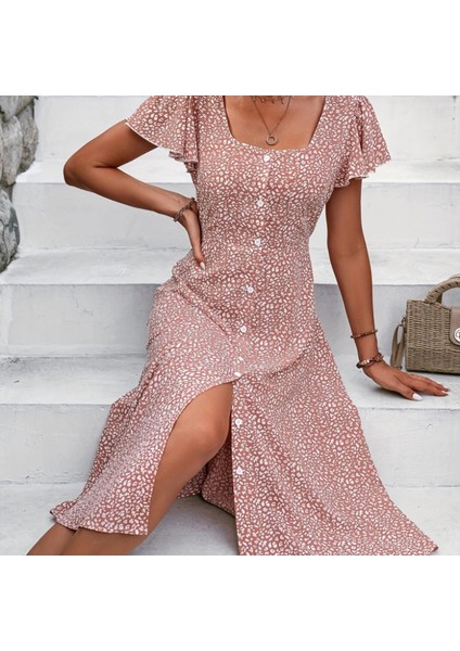 Kadın Kısa Kollu Önü Düğmeli Volanlı Minik Leopar Desen Midi Viskon Elbise