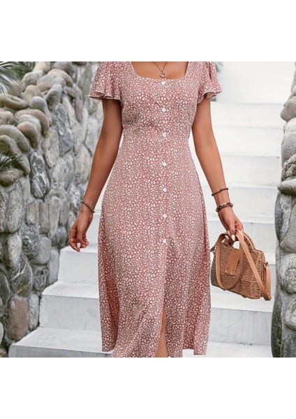Kadın Kısa Kollu Önü Düğmeli Volanlı Minik Leopar Desen Midi Viskon Elbise fiyatları