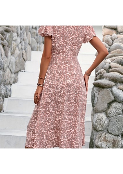 Kadın Kısa Kollu Önü Düğmeli Volanlı Minik Leopar Desen Midi Viskon Elbise modelleri