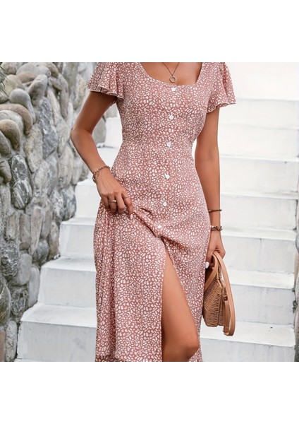 Kadın Kısa Kollu Önü Düğmeli Volanlı Minik Leopar Desen Midi Viskon Elbise indirimleri